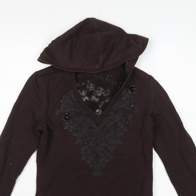 Flammina Women's Brown M Pullover Hoodie V-Neck Studded Graphic