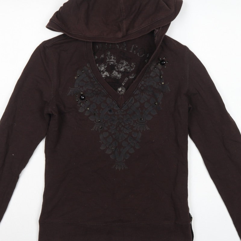 Flammina Women's Brown M Pullover Hoodie V-Neck Studded Graphic