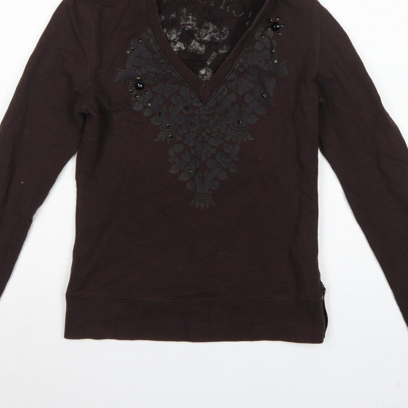 Flammina Women's Brown M Pullover Hoodie V-Neck Studded Graphic