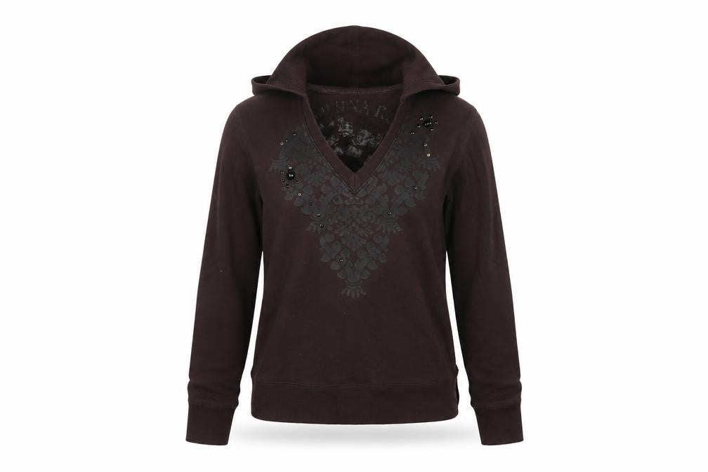 Flammina Women's Brown M Pullover Hoodie V-Neck Studded Graphic