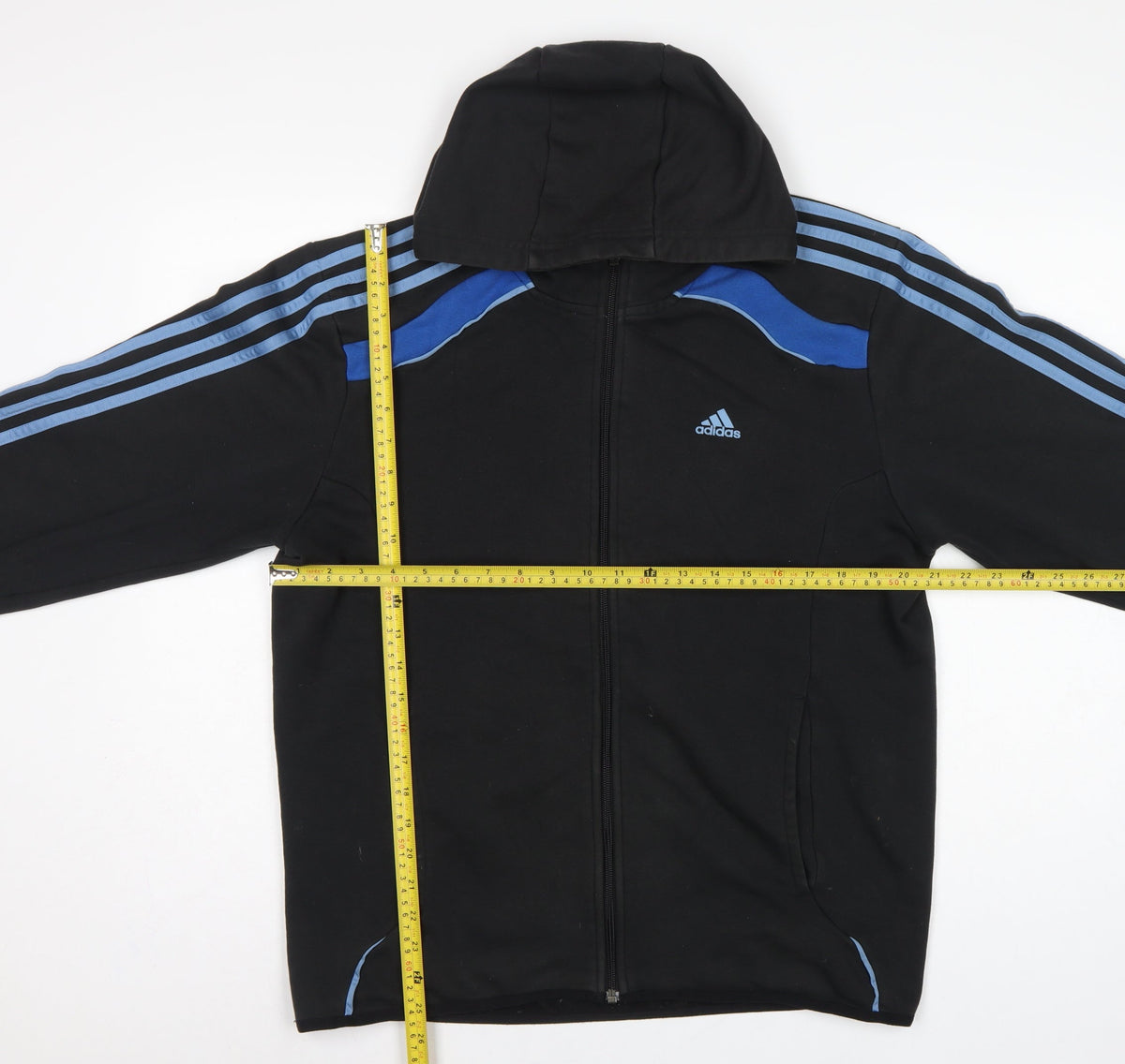 Close-up detail of Adidas Men’s Black Blue M Full Zip Climacool Hooded Sports Hoodie