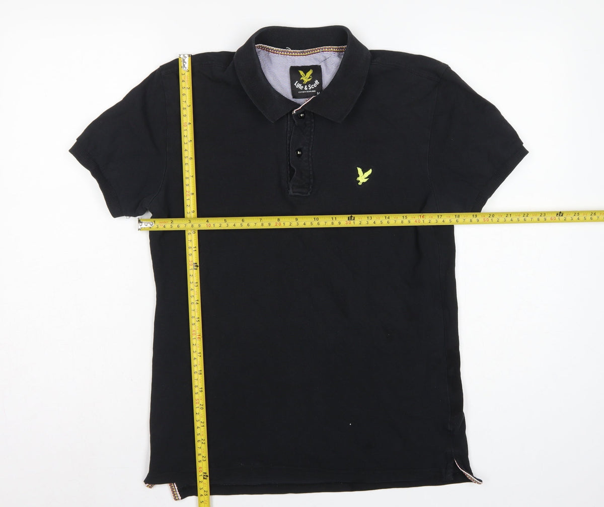 Close-up detail of Lyle & Scott Men’s Black M Short Sleeve Logo Pique Polo Shirt