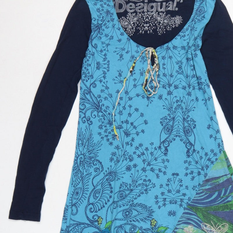 Desigual Women Blue S Floral Asymmetric Boho Swing Dress