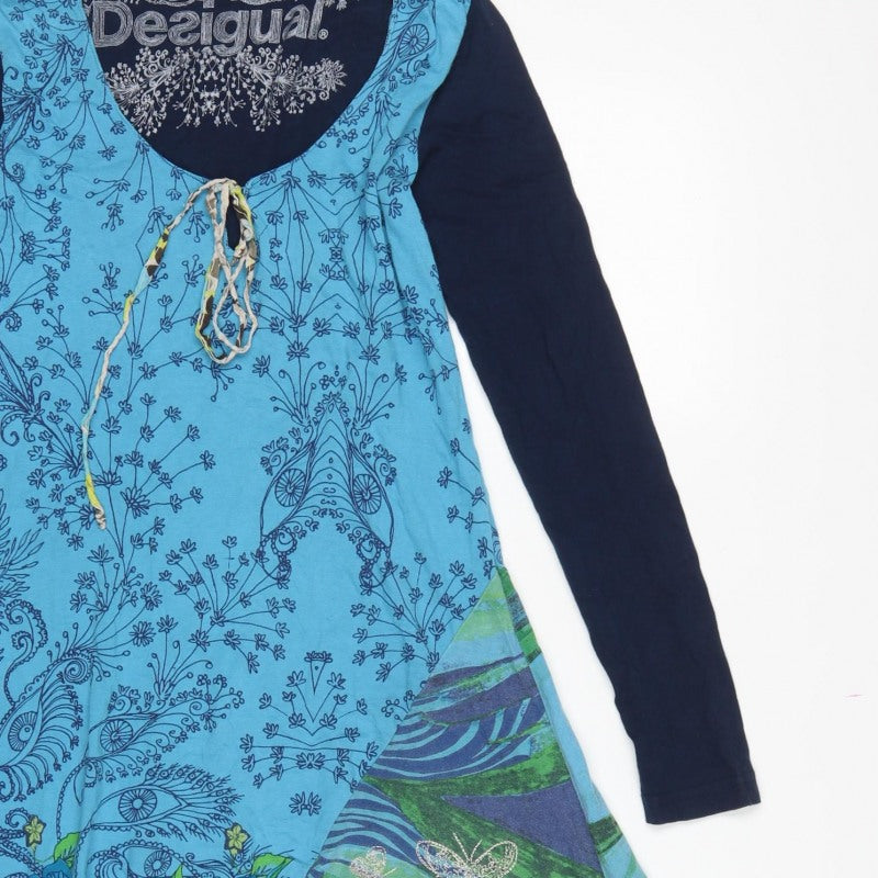 Desigual Women Blue S Floral Asymmetric Boho Swing Dress