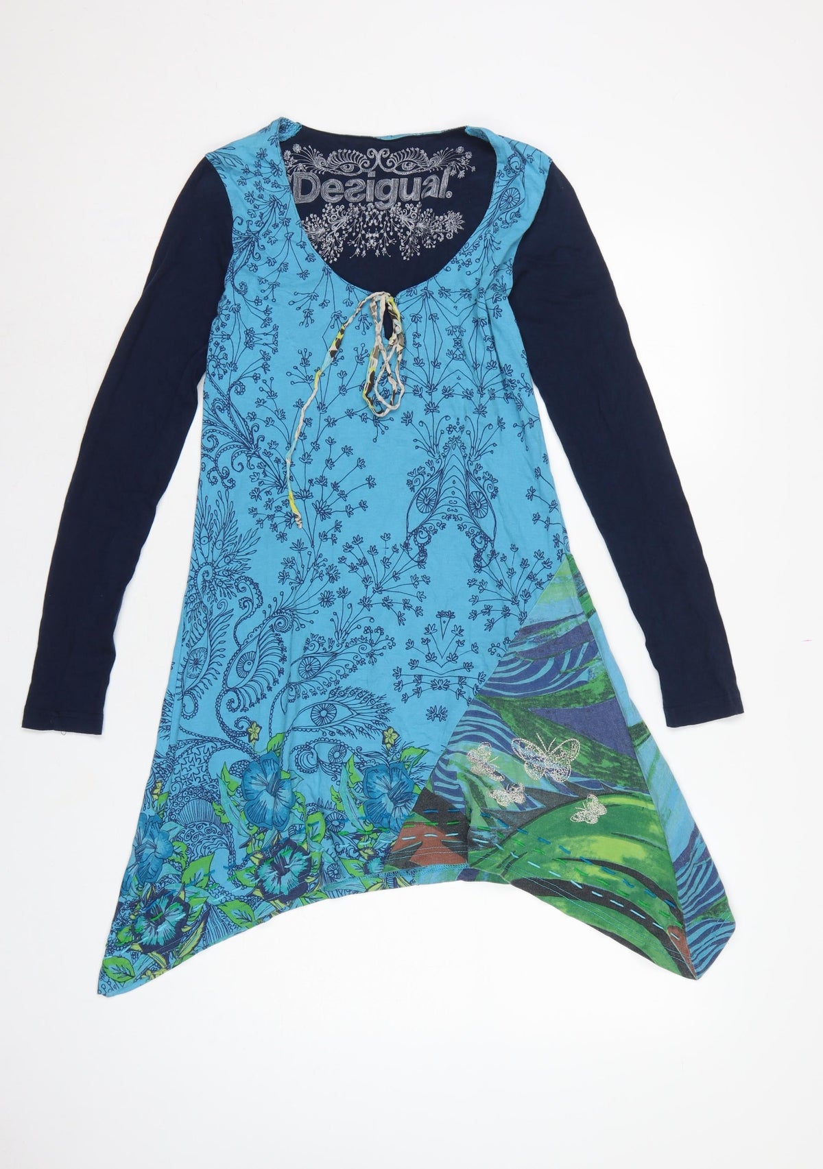 Desigual Women Blue S Floral Asymmetric Boho Swing Dress