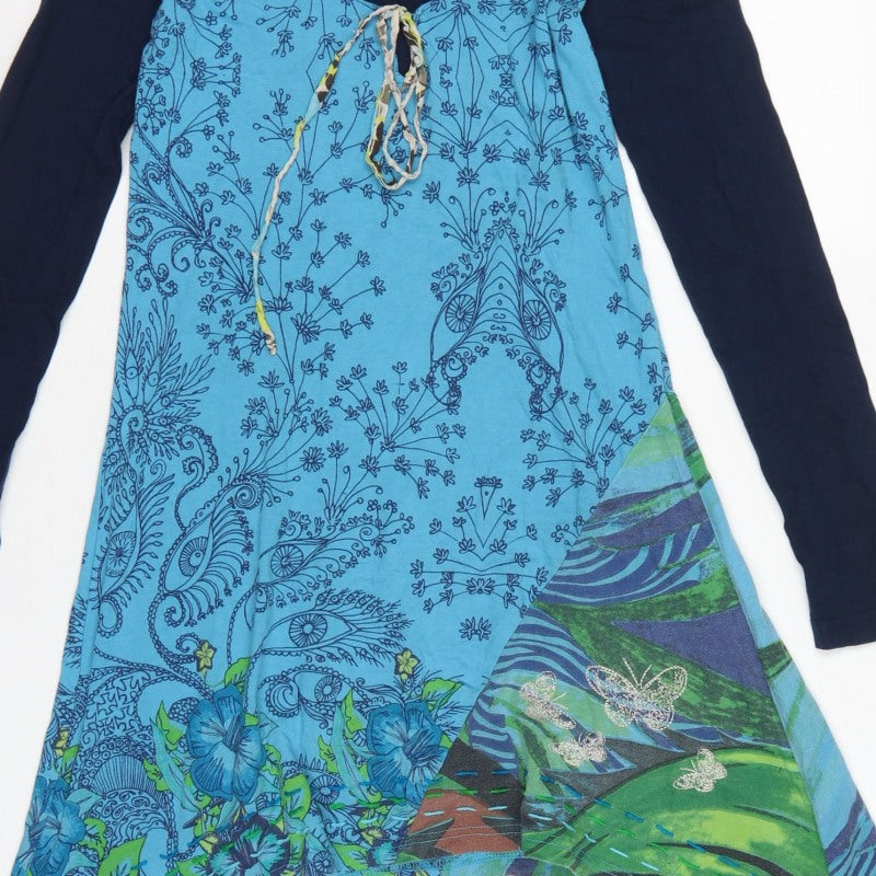 Desigual Women Blue S Floral Asymmetric Boho Swing Dress