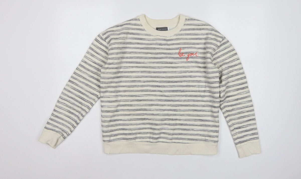 Mint Velvet Women’s Ivory Grey Stripe Embroidered Sweatshirt UK 10