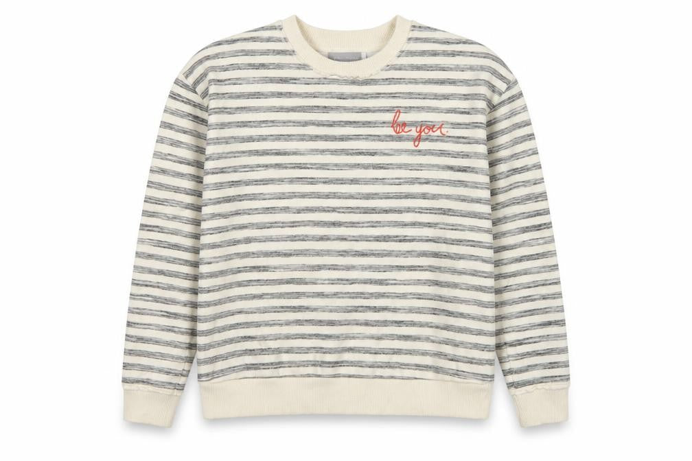 Mint Velvet Women’s Ivory Grey Stripe Embroidered Sweatshirt UK 10