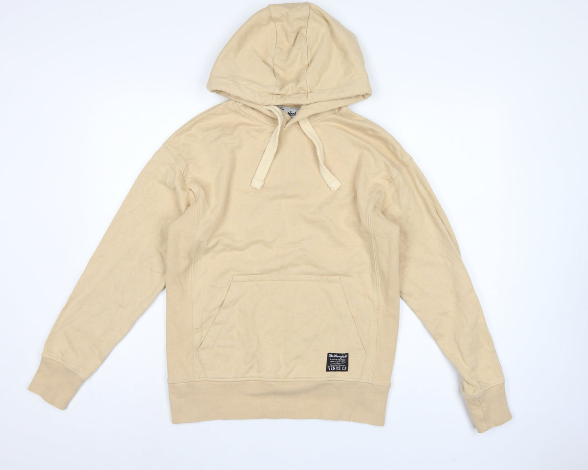 Back view of The Stronghold Men’s Beige XS Pullover Hoodie Venice CA Logo