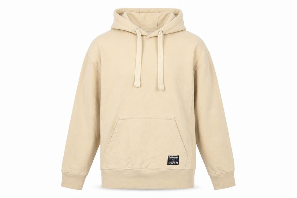 Front view of The Stronghold Men’s Beige XS Pullover Hoodie Venice CA Logo