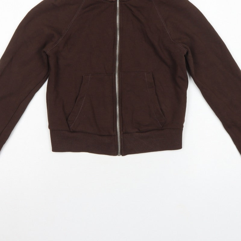 Zara Women Brown M Full Zip High Neck Fleece Sweatshirt Pockets