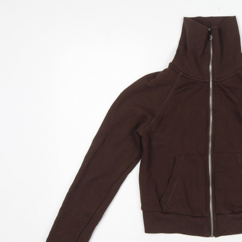 Zara Women Brown M Full Zip High Neck Fleece Sweatshirt Pockets