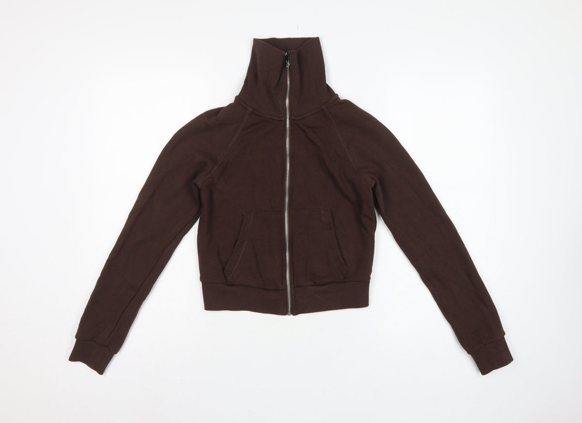 Zara Women Brown M Full Zip High Neck Fleece Sweatshirt Pockets