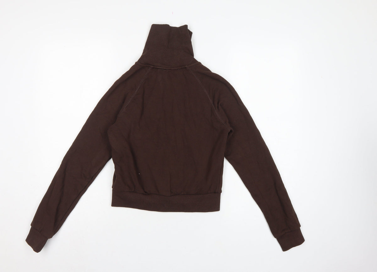 Zara Women Brown M Full Zip High Neck Fleece Sweatshirt Pockets