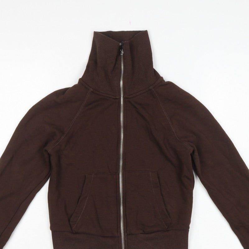 Zara Women Brown M Full Zip High Neck Fleece Sweatshirt Pockets
