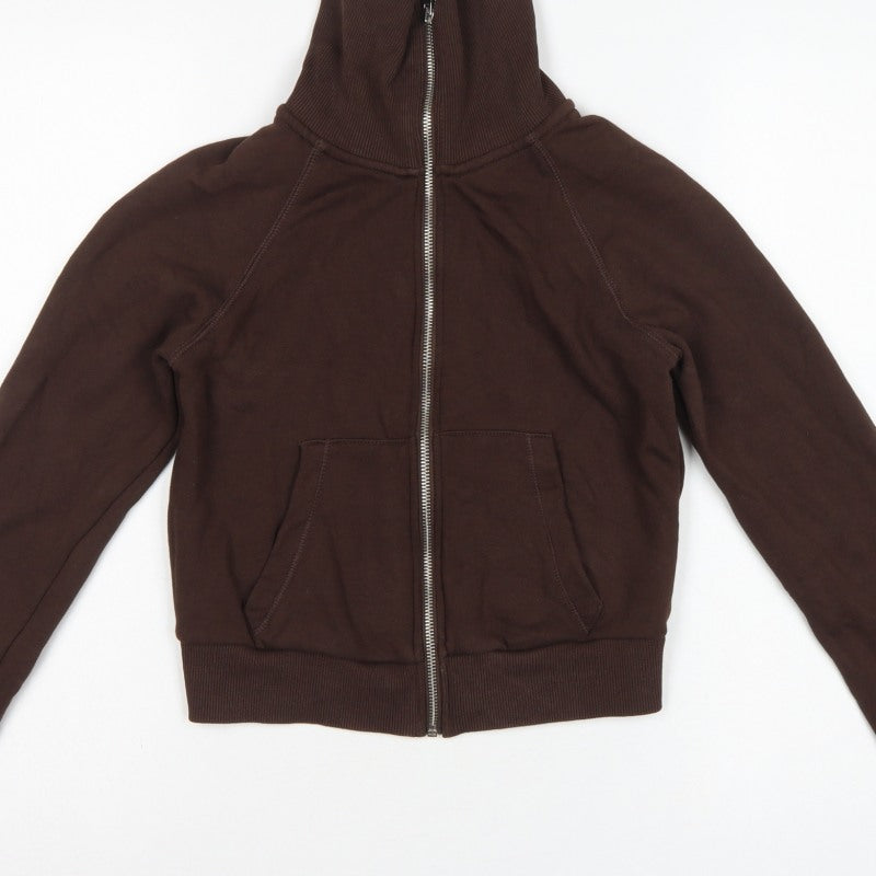 Zara Women Brown M Full Zip High Neck Fleece Sweatshirt Pockets
