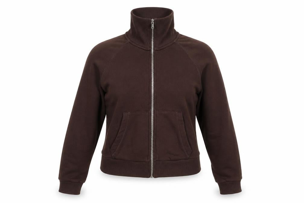 Zara Women Brown M Full Zip High Neck Fleece Sweatshirt Pockets