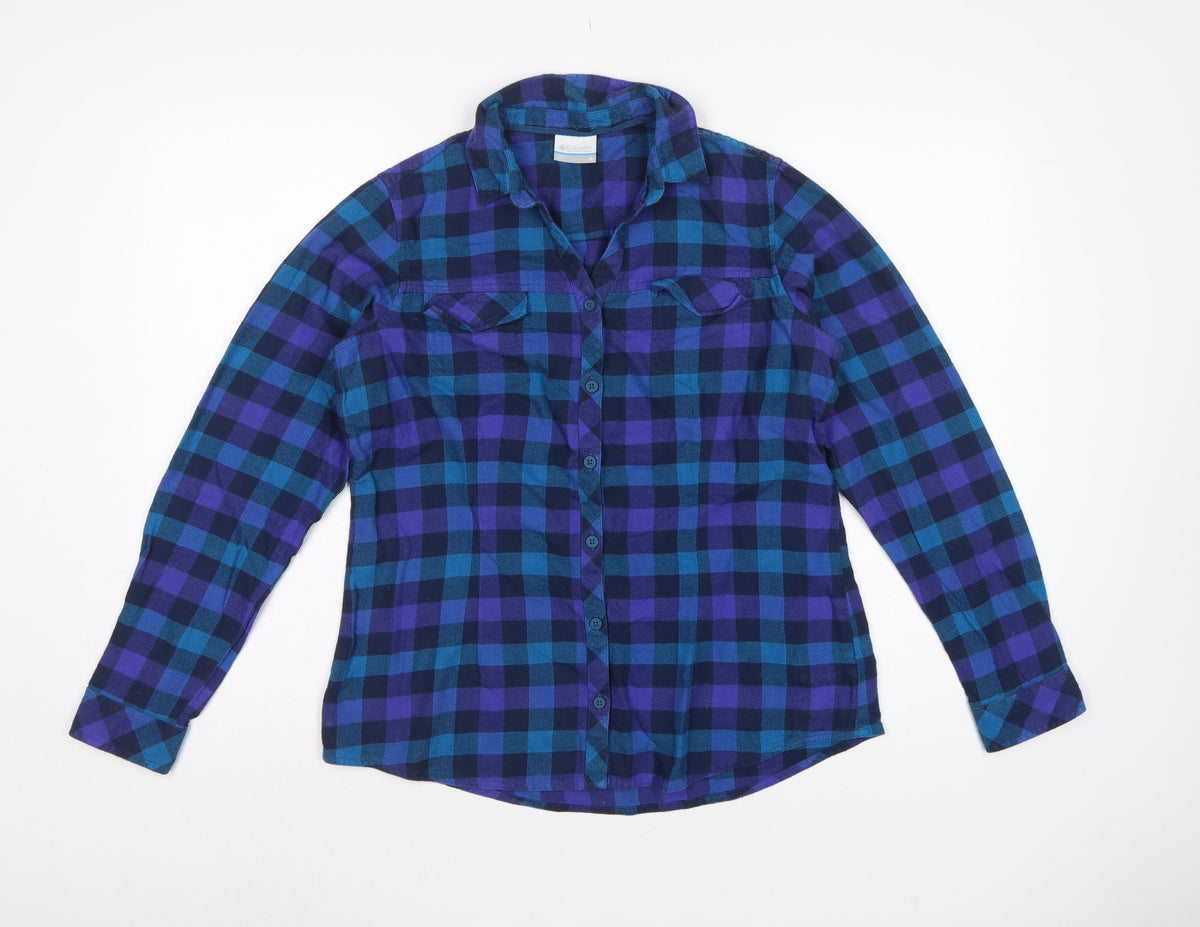 Columbia Women Blue Purple M Plaid Cotton Long Sleeve Button-Up Shirt