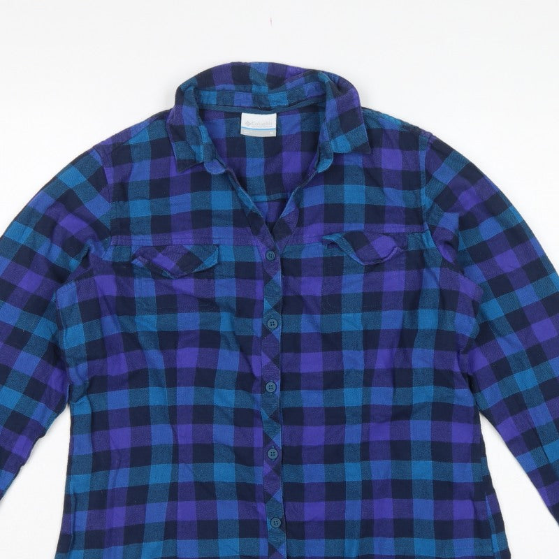 Columbia Women Blue Purple M Plaid Cotton Long Sleeve Button-Up Shirt