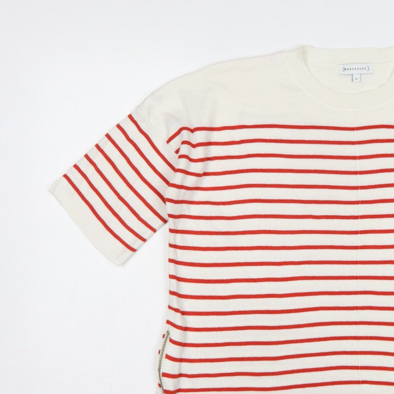 Warehouse Women Ivory Red Stripe Knit Top UK 12 Crew Neck Zip