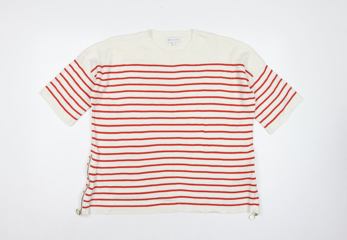 Warehouse Women Ivory Red Stripe Knit Top UK 12 Crew Neck Zip
