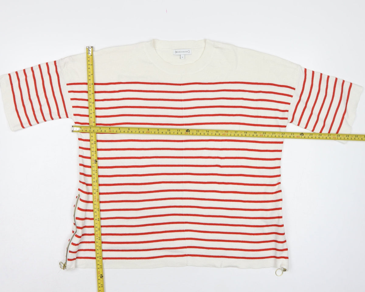 Warehouse Women Ivory Red Stripe Knit Top UK 12 Crew Neck Zip