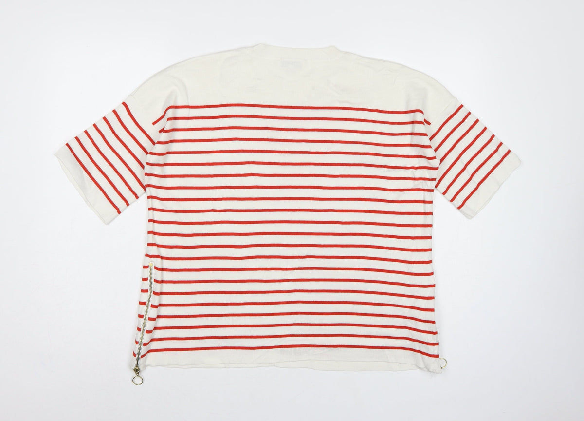 Warehouse Women Ivory Red Stripe Knit Top UK 12 Crew Neck Zip