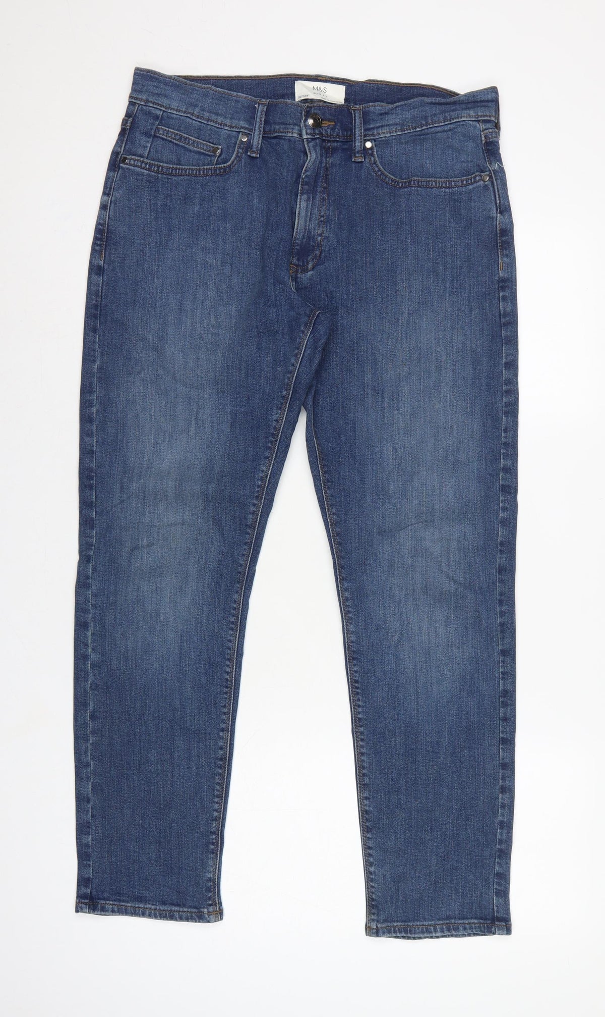 Back view of M&S Men’s Blue 32W 29L Slim Fit Tapered 5-Pocket Jeans