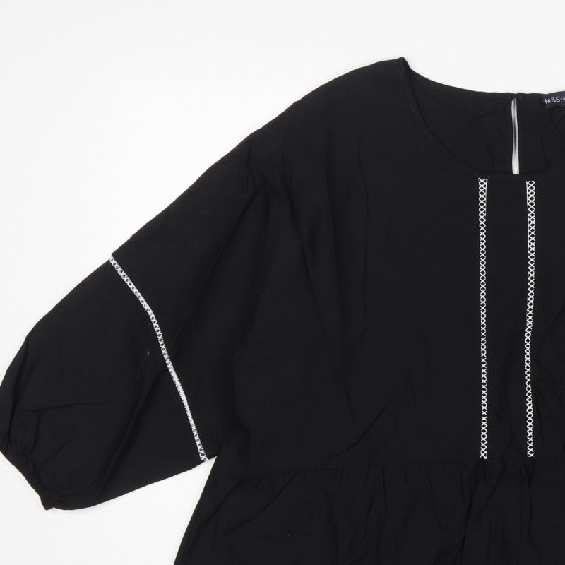 Marks and Spencer Women Black UK 16 Tunic Blouse Puff Sleeve Embroidered