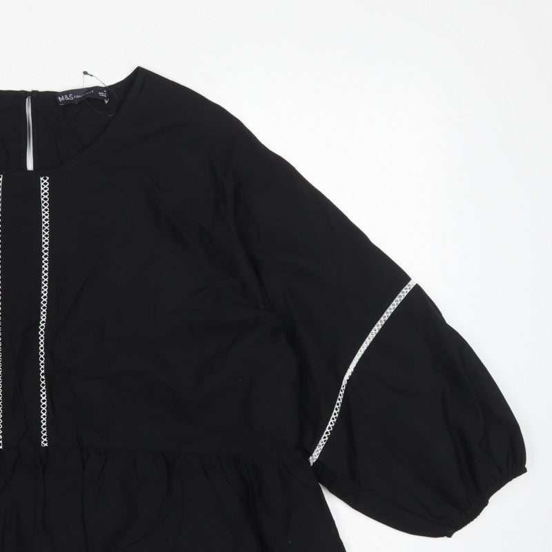 Marks and Spencer Women Black UK 16 Tunic Blouse Puff Sleeve Embroidered
