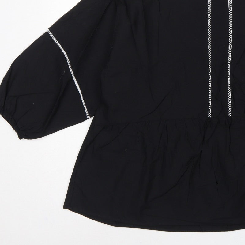 Marks and Spencer Women Black UK 16 Tunic Blouse Puff Sleeve Embroidered