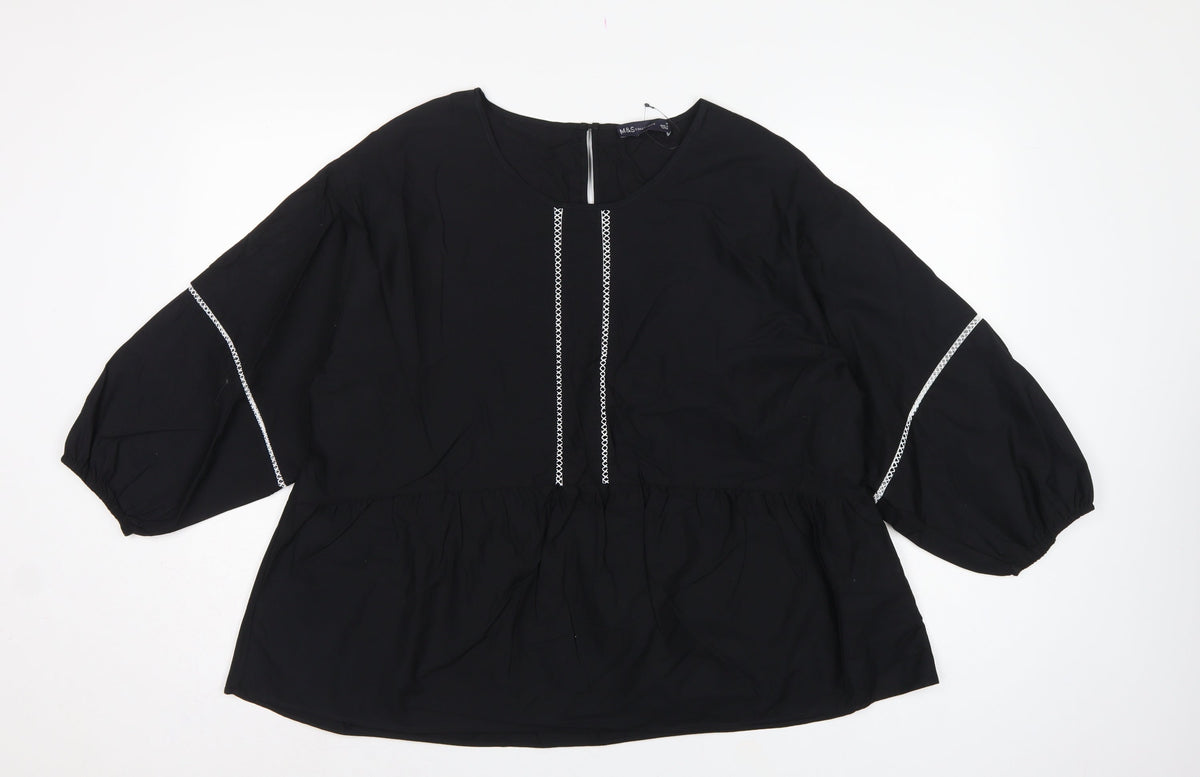 Marks and Spencer Women Black UK 16 Tunic Blouse Puff Sleeve Embroidered