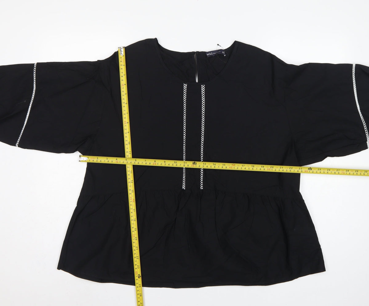 Marks and Spencer Women Black UK 16 Tunic Blouse Puff Sleeve Embroidered