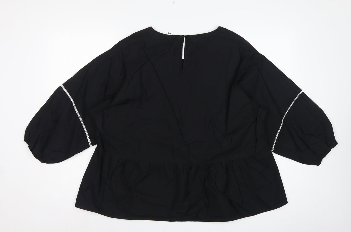 Marks and Spencer Women Black UK 16 Tunic Blouse Puff Sleeve Embroidered
