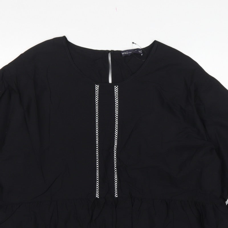 Marks and Spencer Women Black UK 16 Tunic Blouse Puff Sleeve Embroidered