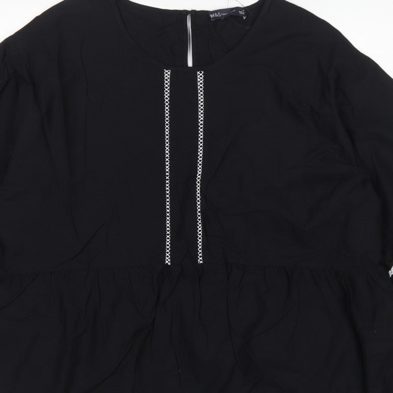 Marks and Spencer Women Black UK 16 Tunic Blouse Puff Sleeve Embroidered