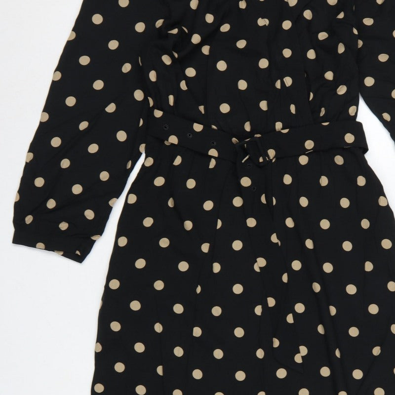 Freequent Women Black Beige Polka Dot L Midi Shirt Dress Belted