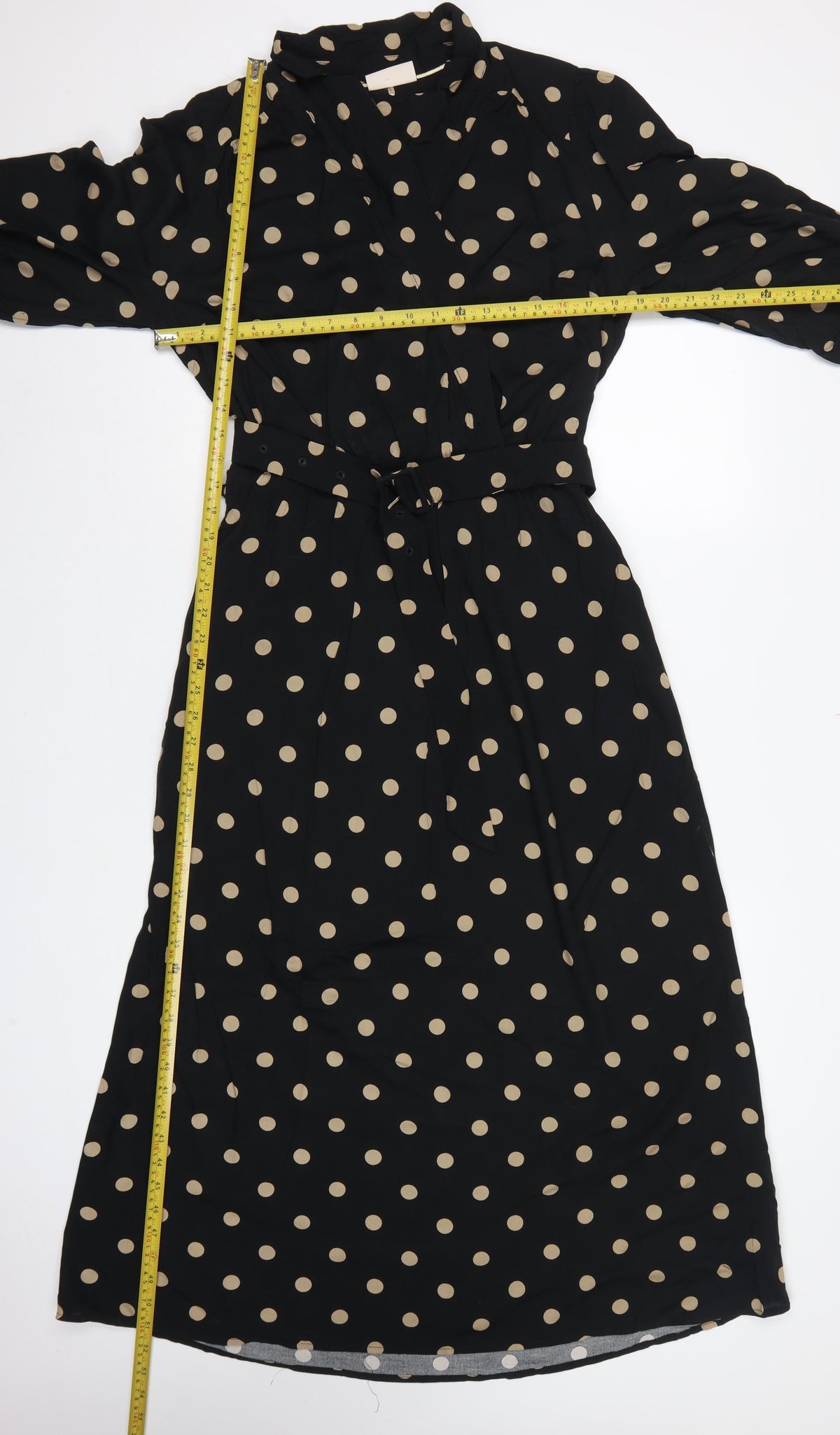 Freequent Women Black Beige Polka Dot L Midi Shirt Dress Belted