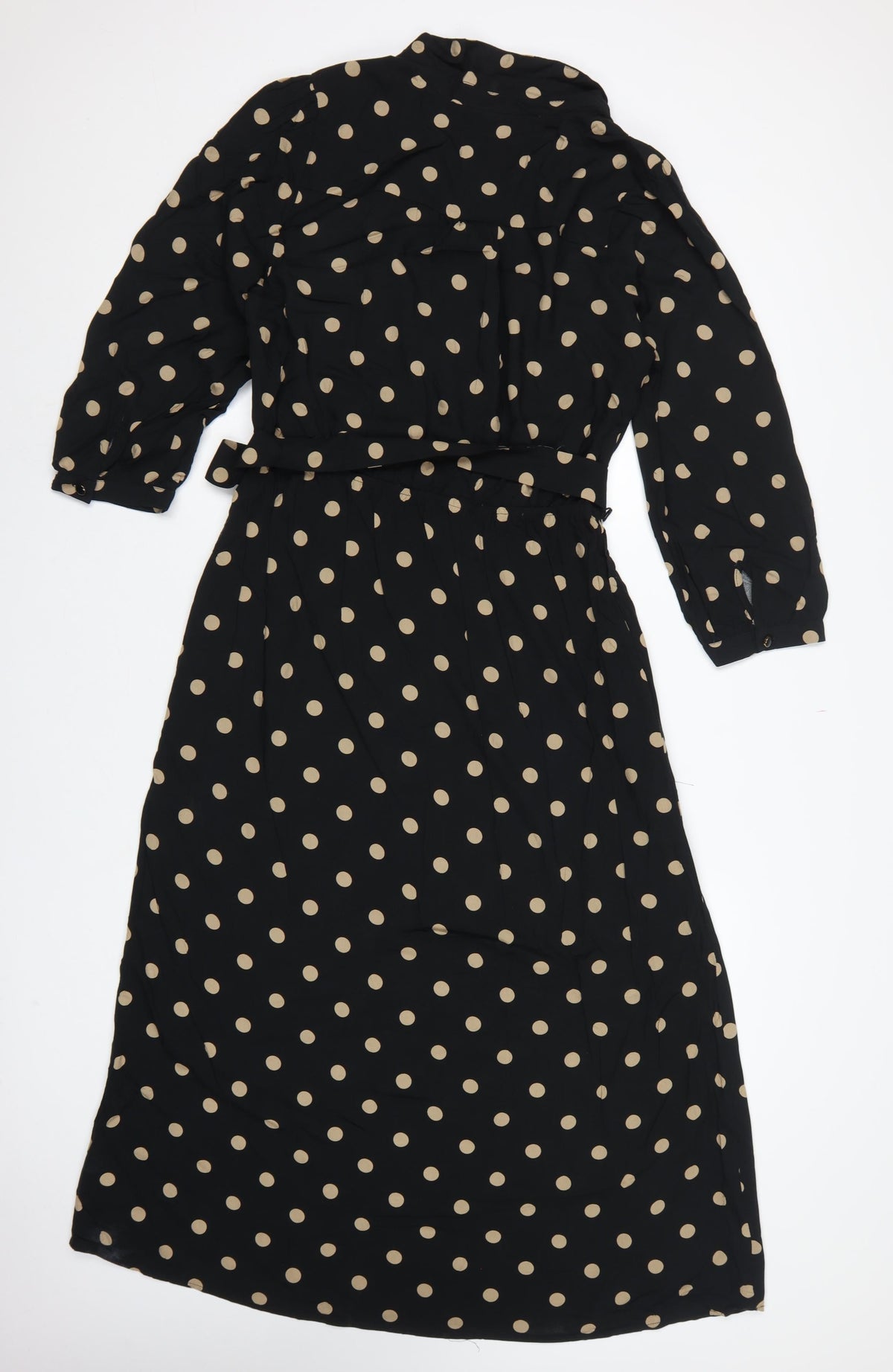 Freequent Women Black Beige Polka Dot L Midi Shirt Dress Belted