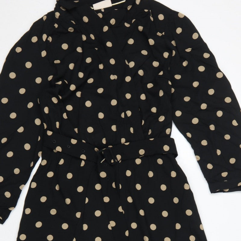 Freequent Women Black Beige Polka Dot L Midi Shirt Dress Belted