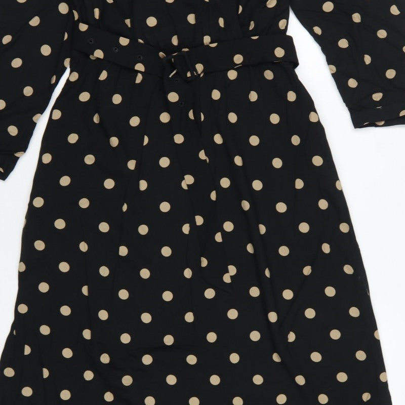 Freequent Women Black Beige Polka Dot L Midi Shirt Dress Belted