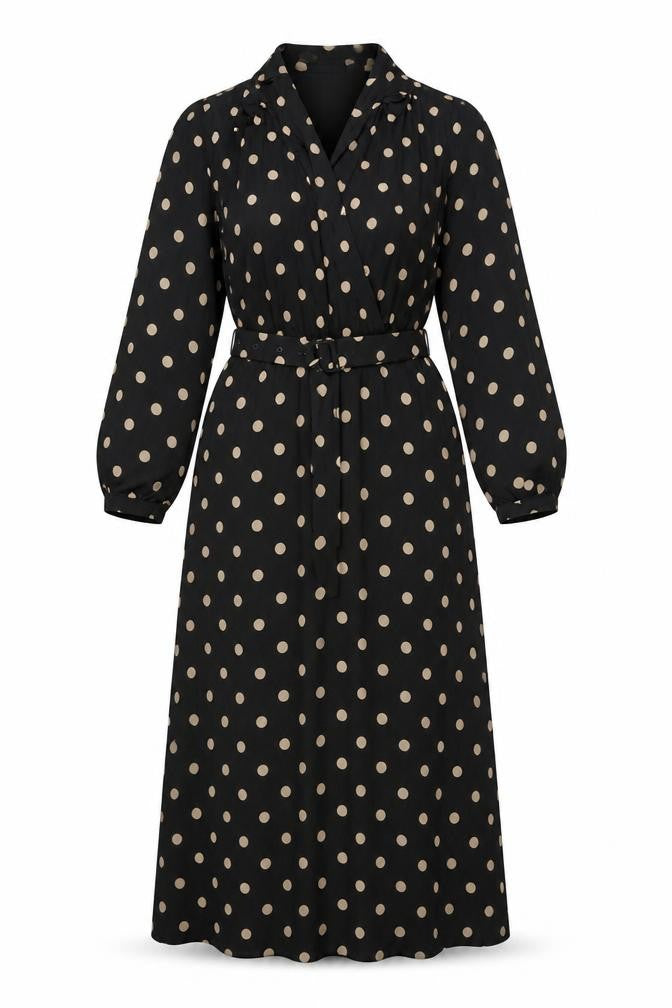 Freequent Women Black Beige Polka Dot L Midi Shirt Dress Belted