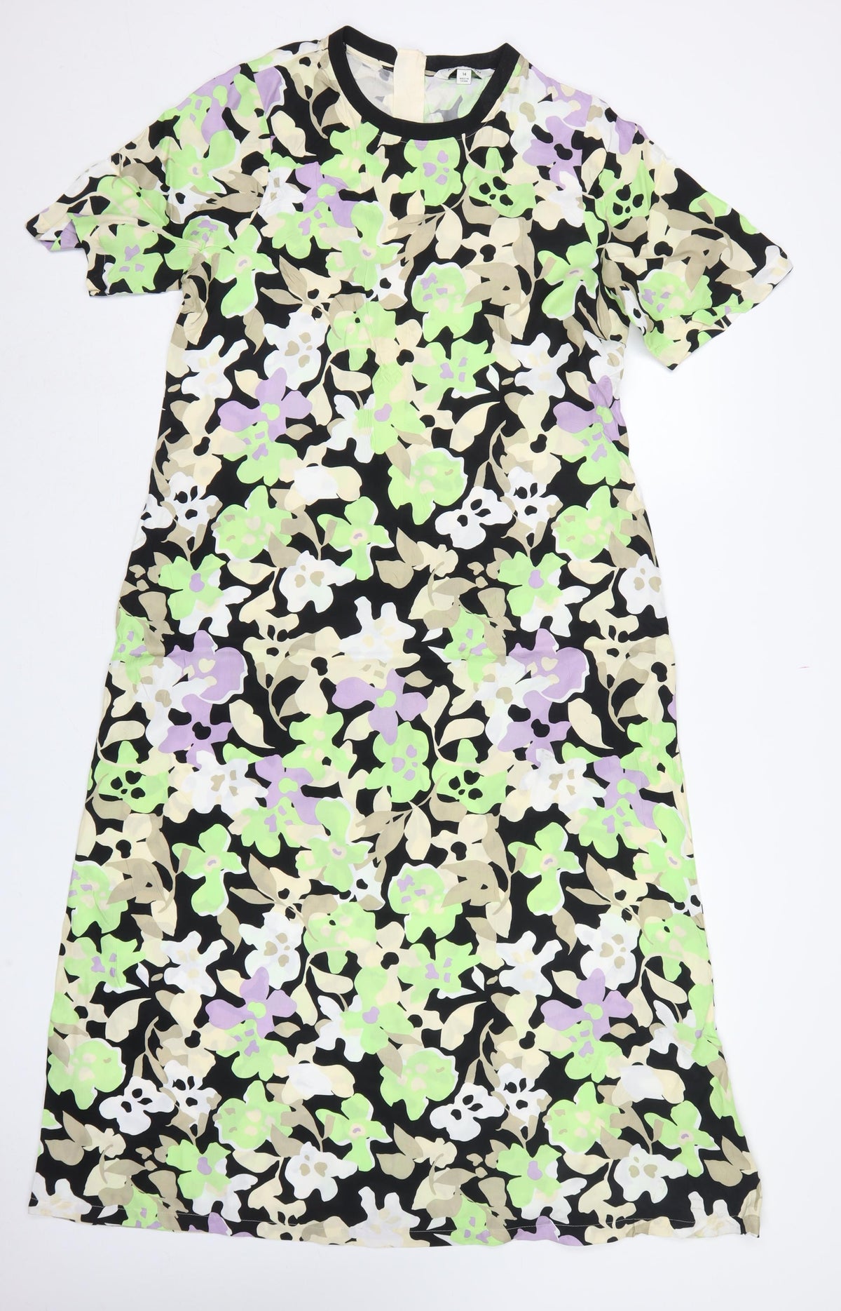Autograph Women Black Floral Cupro Viscose Size 14 Long A-Line Dress