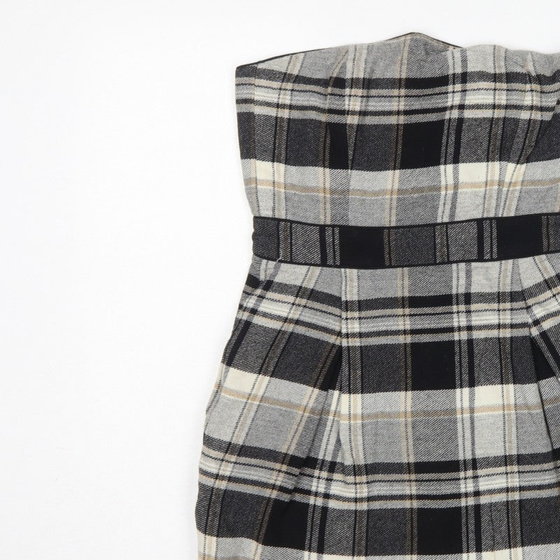 French Connection Women Grey Plaid Wool Strapless Bodycon Mini Dress UK 8