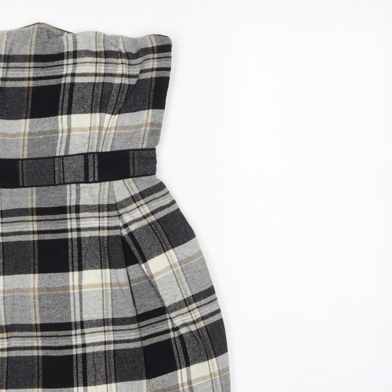 French Connection Women Grey Plaid Wool Strapless Bodycon Mini Dress UK 8
