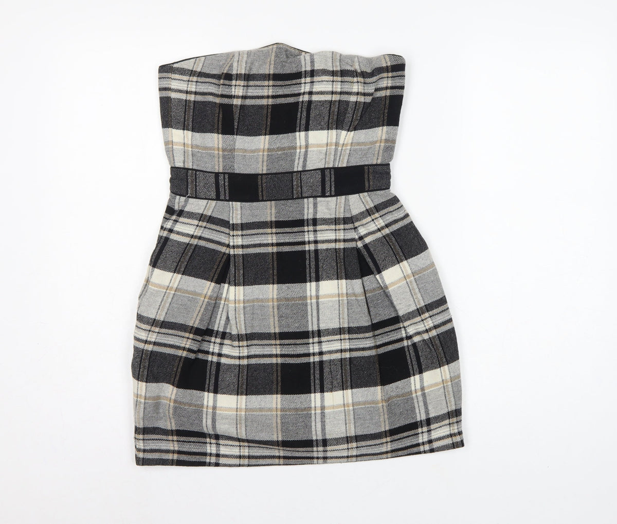 French Connection Women Grey Plaid Wool Strapless Bodycon Mini Dress UK 8