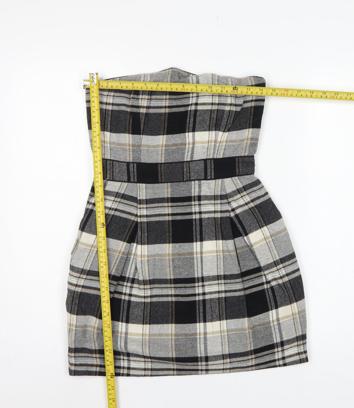 French Connection Women Grey Plaid Wool Strapless Bodycon Mini Dress UK 8