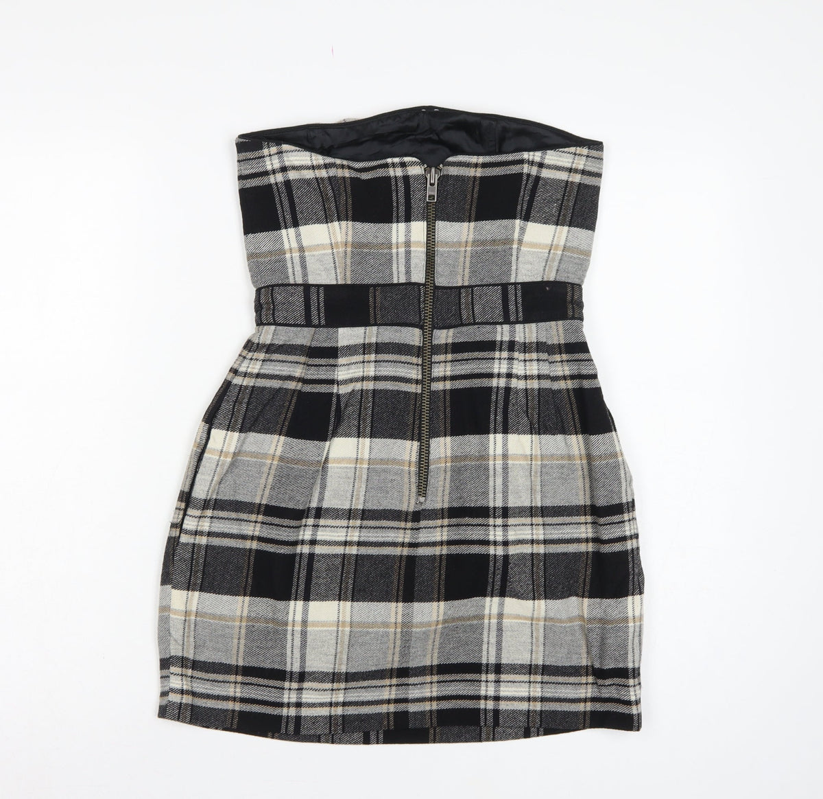 French Connection Women Grey Plaid Wool Strapless Bodycon Mini Dress UK 8