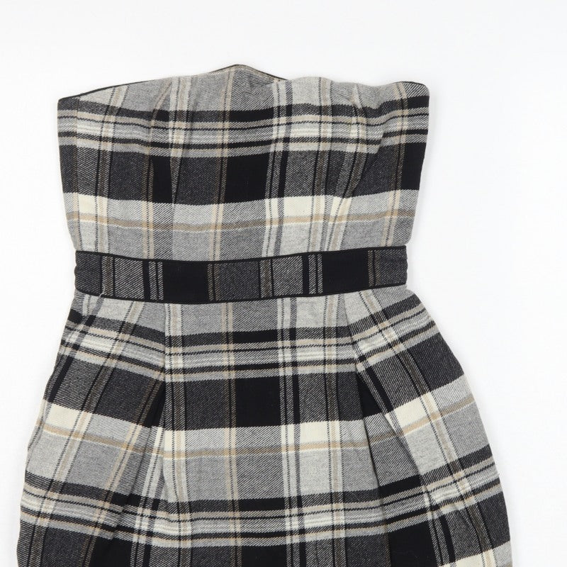 French Connection Women Grey Plaid Wool Strapless Bodycon Mini Dress UK 8
