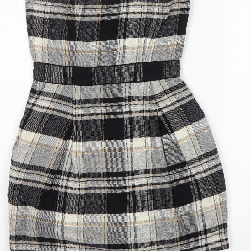 French Connection Women Grey Plaid Wool Strapless Bodycon Mini Dress UK 8